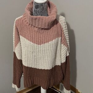POL Pink, Cream, and Brown Turtleneck Sweater